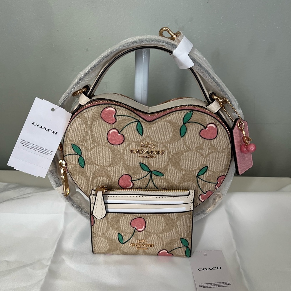 Coach Heart Shape Crossbody Bag With Cherry Print And Matching Card Holder